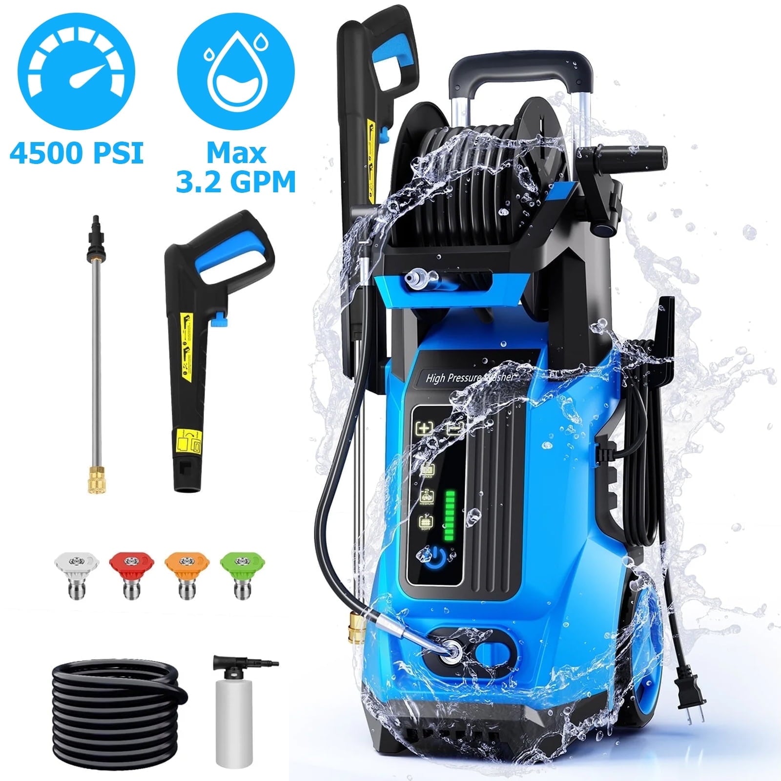 SUGIFT Electric Pressure Washer 4500PSI-Max 3.2GPM with Touch Screen Adjustable Pressure and 5 Nozzles Power Washer Cleaning for Patio, Blue