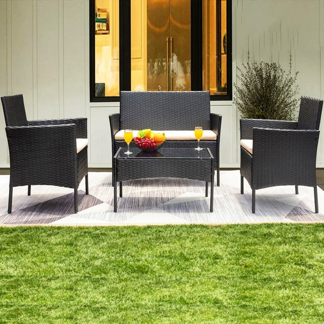 SUGIFT 4-Piece Outdoor Patio Rattan Furniture Set Conversation Set Cushioned Sofa Table Black