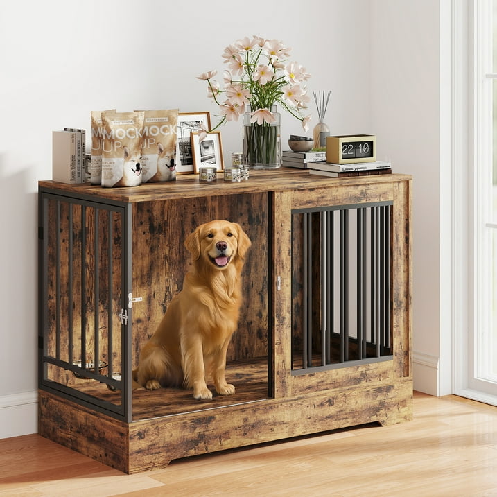 SUGIFT 47in Wooden Dog Crate Furniture with Double Doors, Rustic Brown Indoor Dog Kennel End Table for Large Dogs