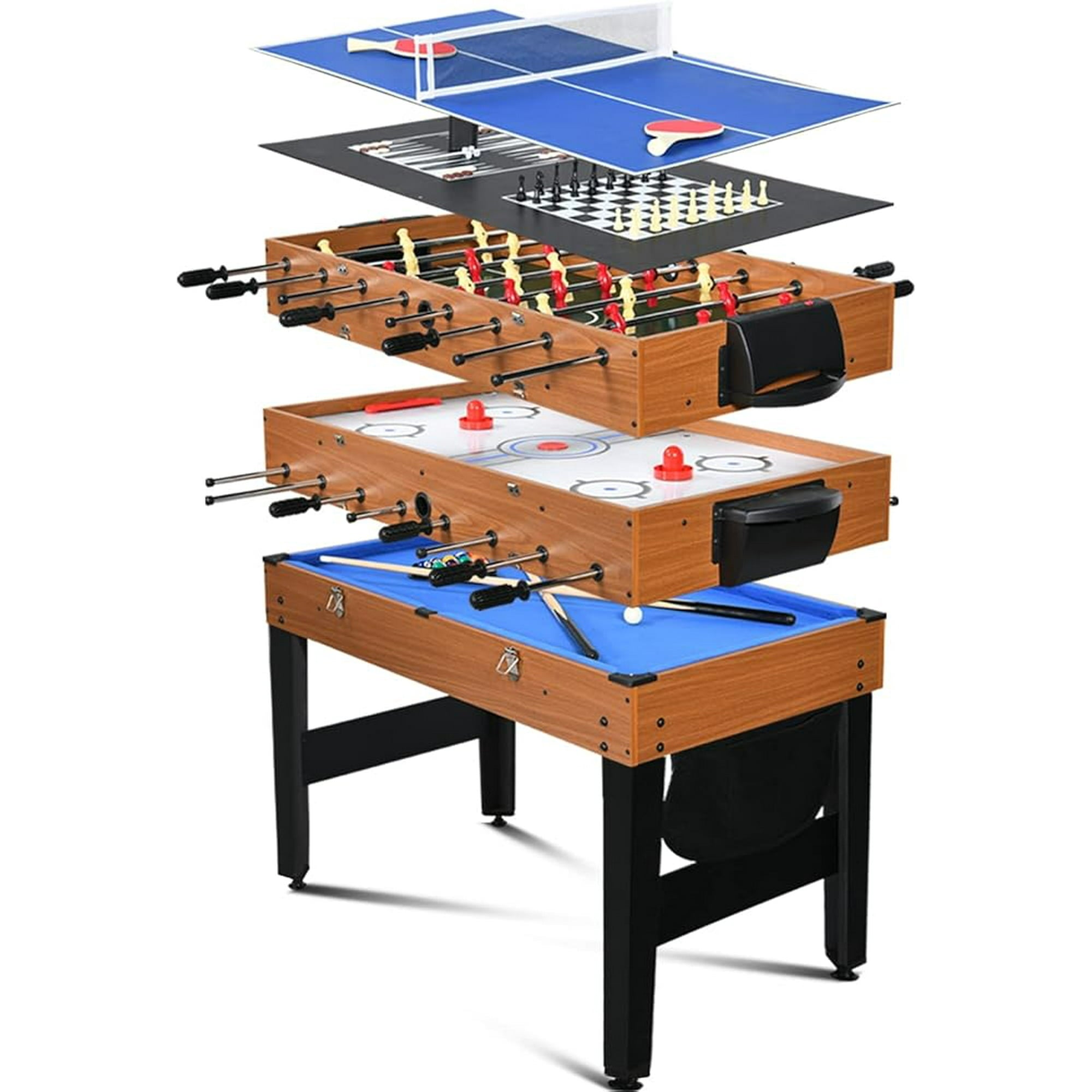 SUGIFT 4ft 7-in-1 Multi Game Table Set w/Hockey/Pool/Foosball/Ping Pong/ Shuffleboard Chess and Backgammon Combo Game Table for Adults Kids