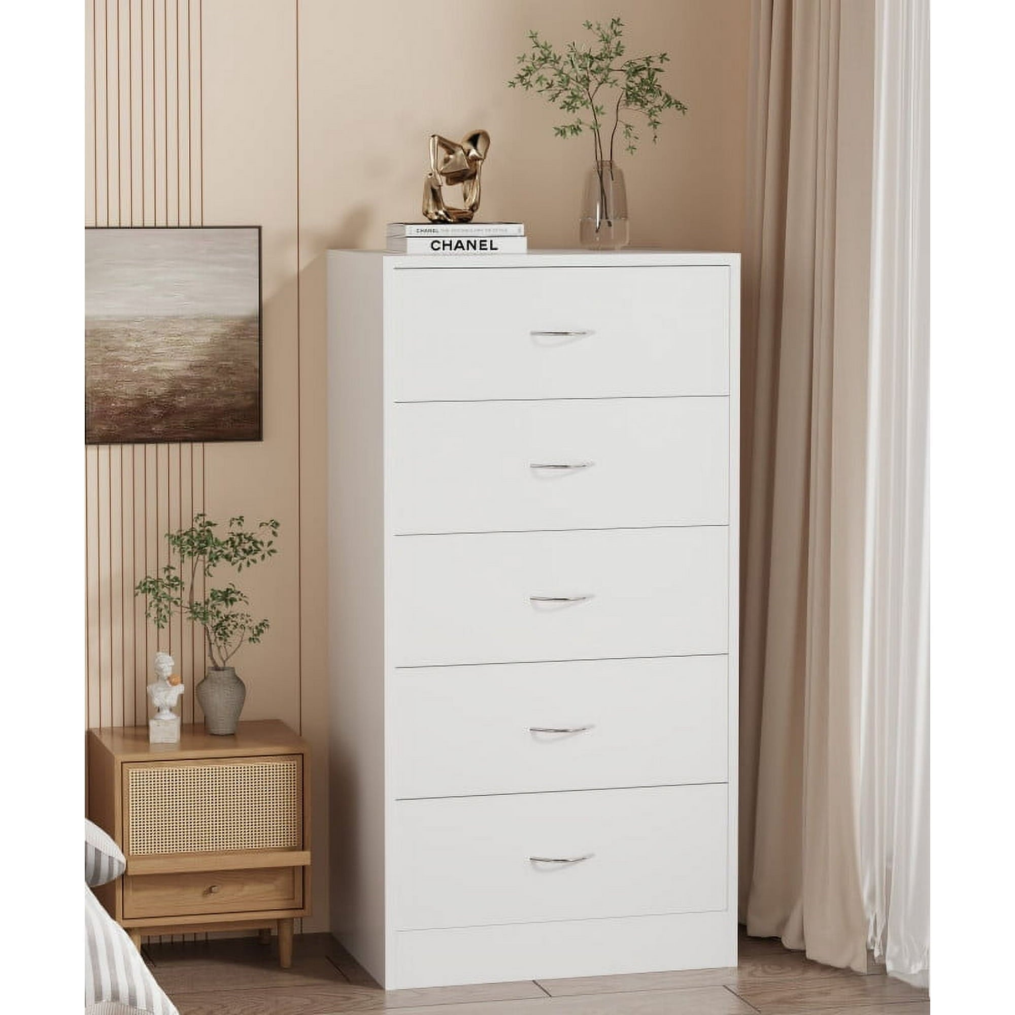SUGIFT 5 Drawer Dresser, Modern Wood Chest of Drawers for Bedroom, Whi SUGIFT 5 Drawer Dresser, Modern Wood Chest of Drawers for Bedroom, Whi