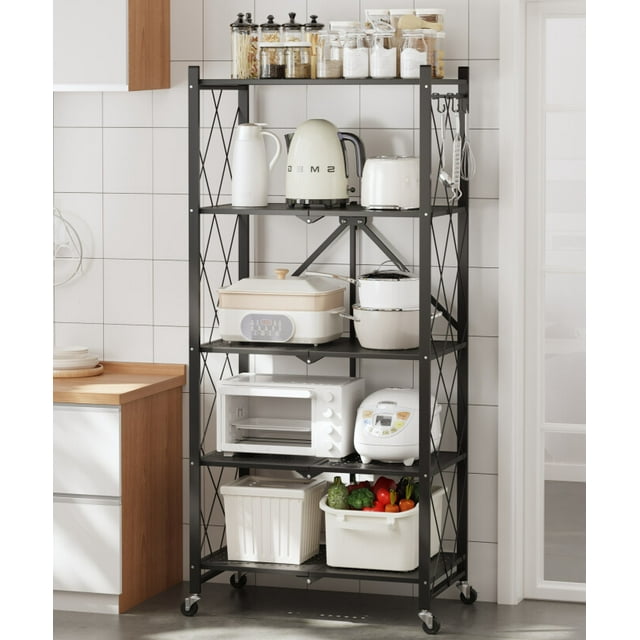 SUGIFT 5 Tier Foldable Storage Shelves for Storage, Metal Shelving Units, Storage Rack for Garage, Kitchen, Basement, Pantry, Black