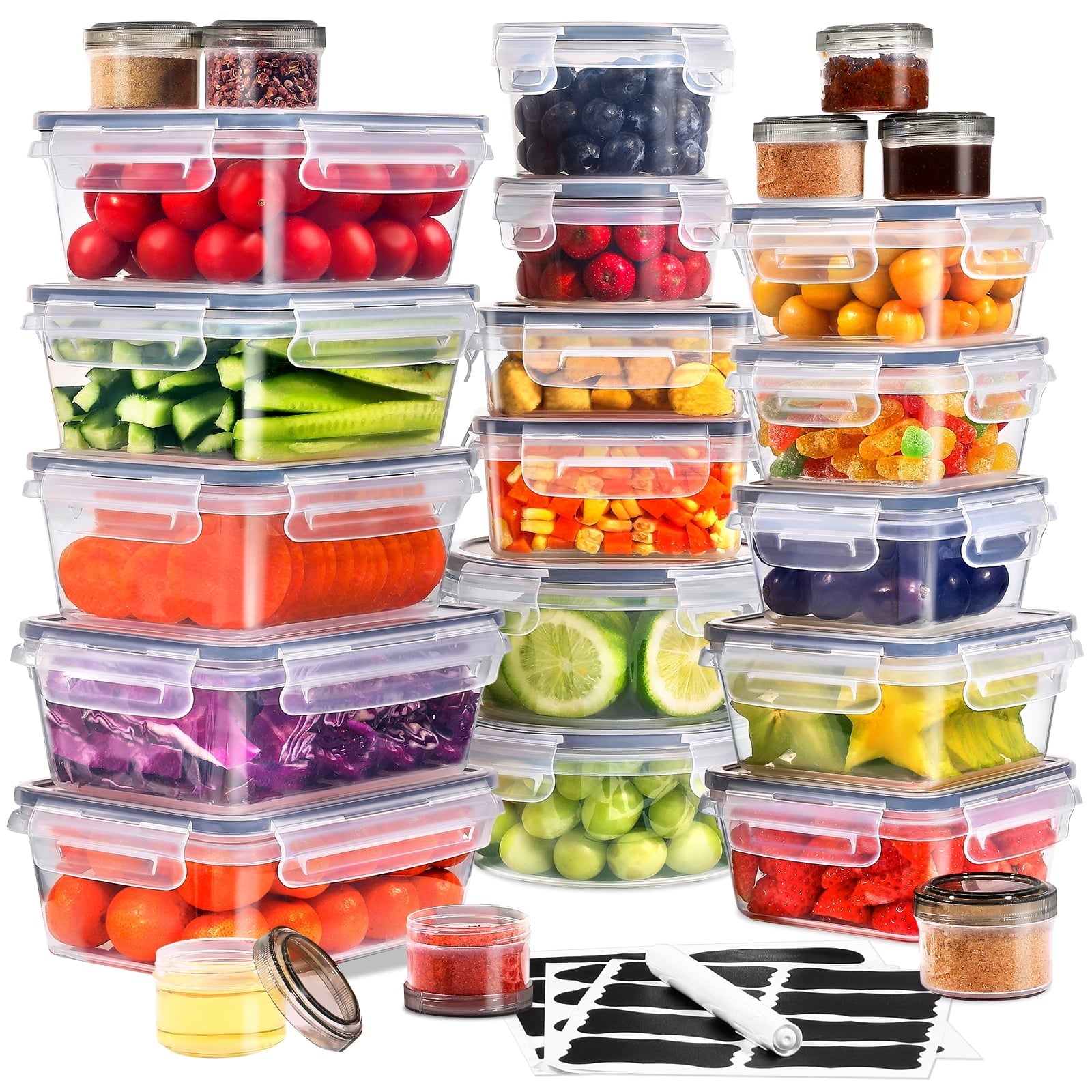 SUGIFT 50-Piece Plastic Food Storage Containers with Lids (24 Containers 24 Lids) BPA-Free Leakproof Meal-Prep Containers for Kitchen Storage Reusable Plastic with Labels Pen