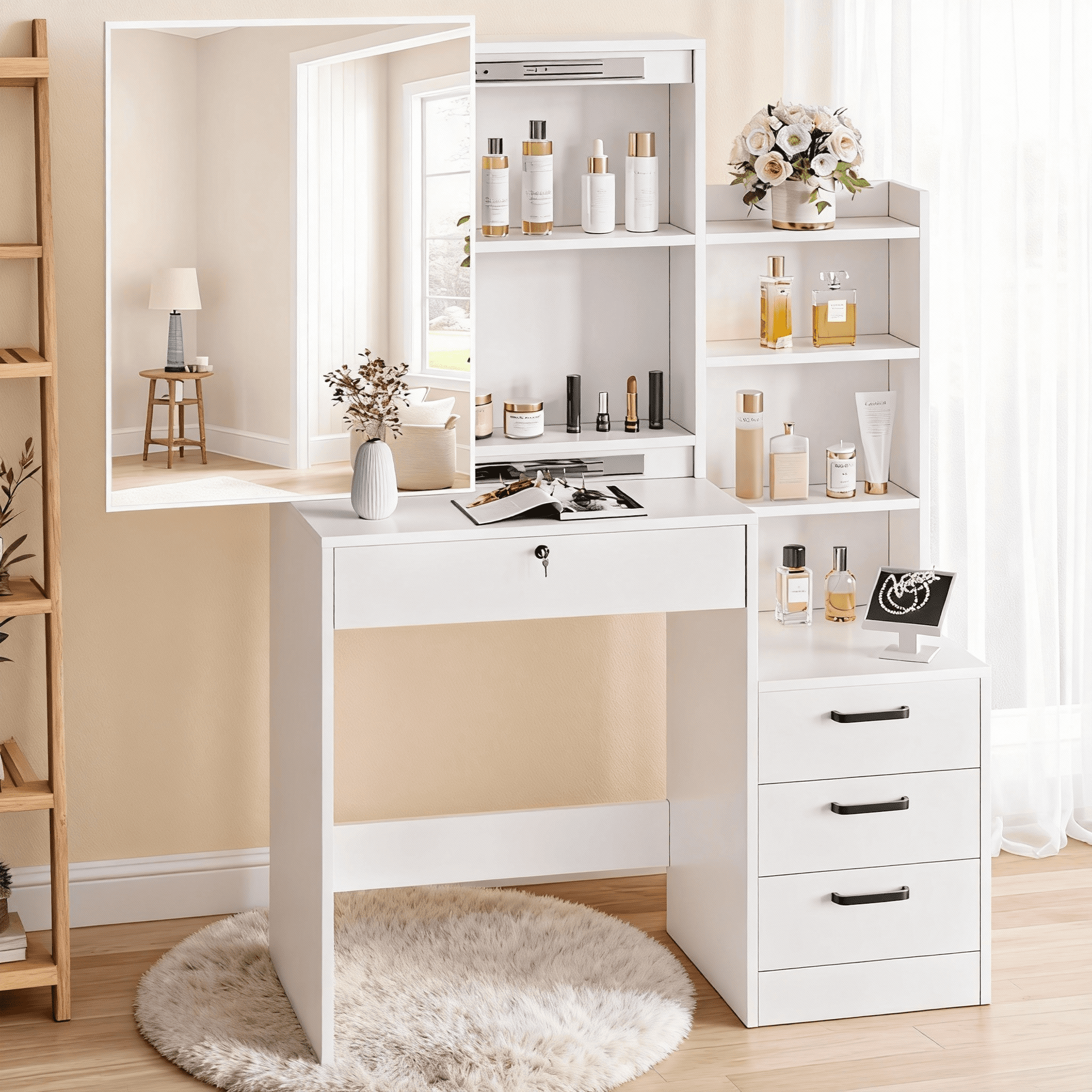 SUGIFT White Lighted Makeup Vanity Table with Sliding Sliding Mirror, SUGIFT White Lighted Makeup Vanity Table with Sliding Sliding Mirror,