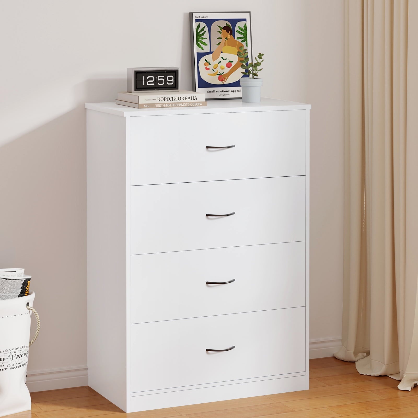 SUGIFT 4 Drawer Dresser, Modern Storage Cabinet for Bedroom, White Chest of Drawers Wood Organizer for Living Room, White