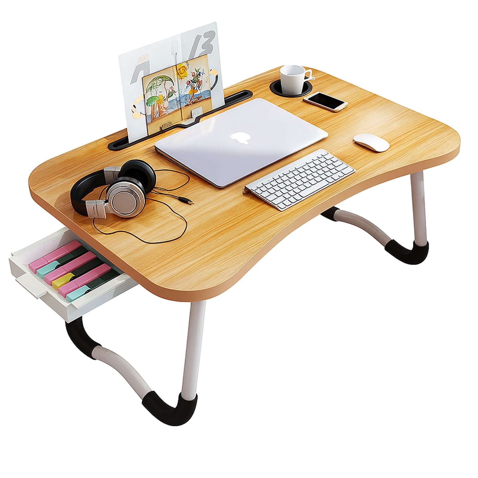 SUGIFT 23.6 Inch Foldable Lap Desk with Slots/Cup Holder/Drawer for Reading Writing Eating Watching, Walnut