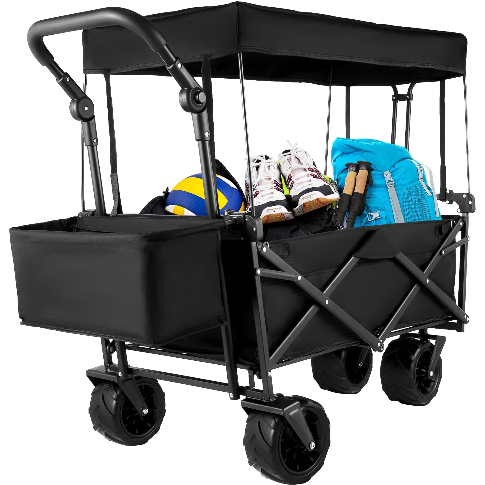 SUGIFT Collapsible Wagon Cart with Removable Canopy, Oxford Cloth Beach Cart with Wheels and Rear Storage, Garden Grocery Wagon for Camping, Black