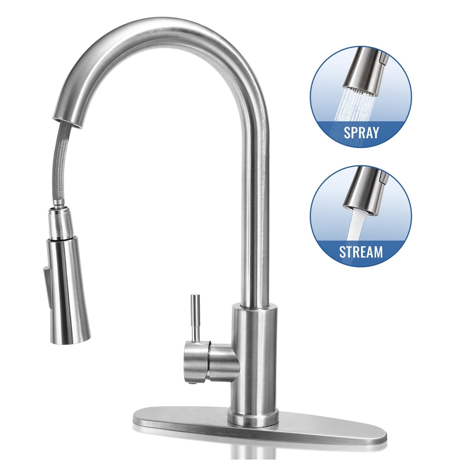SUGIFT Kitchen Faucet with Pull Down Sprayer Stainless Steel Kitchen Sink Faucet with Deck Plate to Cover Hole