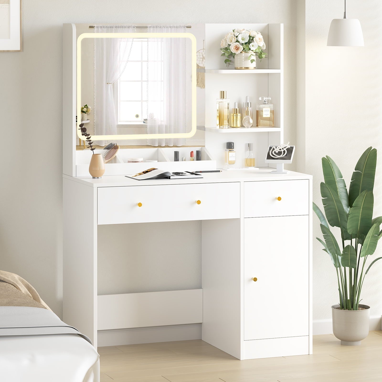 SUGIFT Makeup Vanity Desk Dressing Table with LED Lights & Power Strip - White