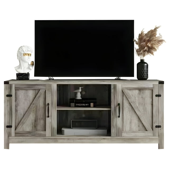 SUGIFT Modern Farmhouse Barn Door TV Stand for TVs up to 65", Reclaimed Barnwood