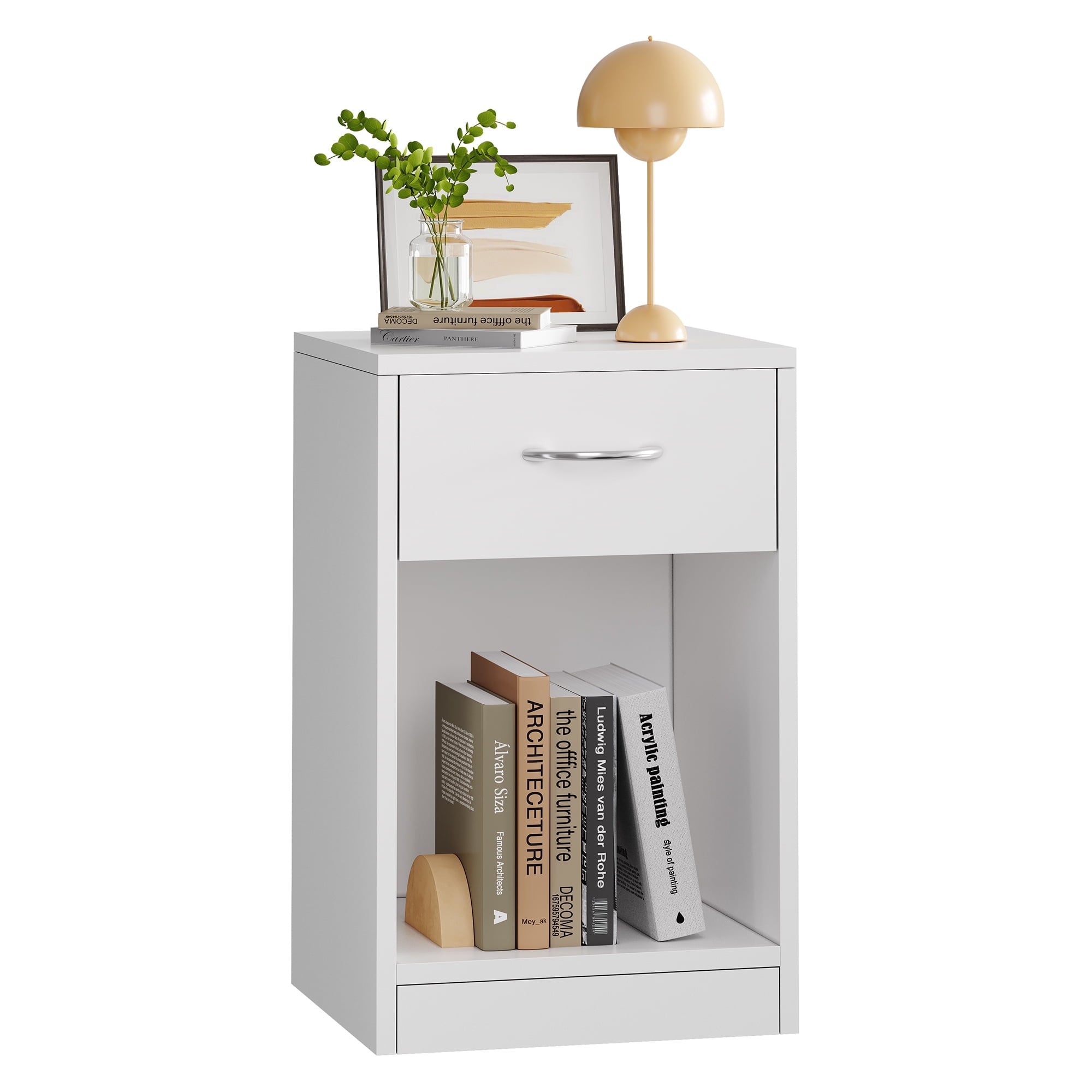 SUGIFT Nightstand with 1 Drawer, Compact Bedside Table for Bedroom, Sturdy White Finish