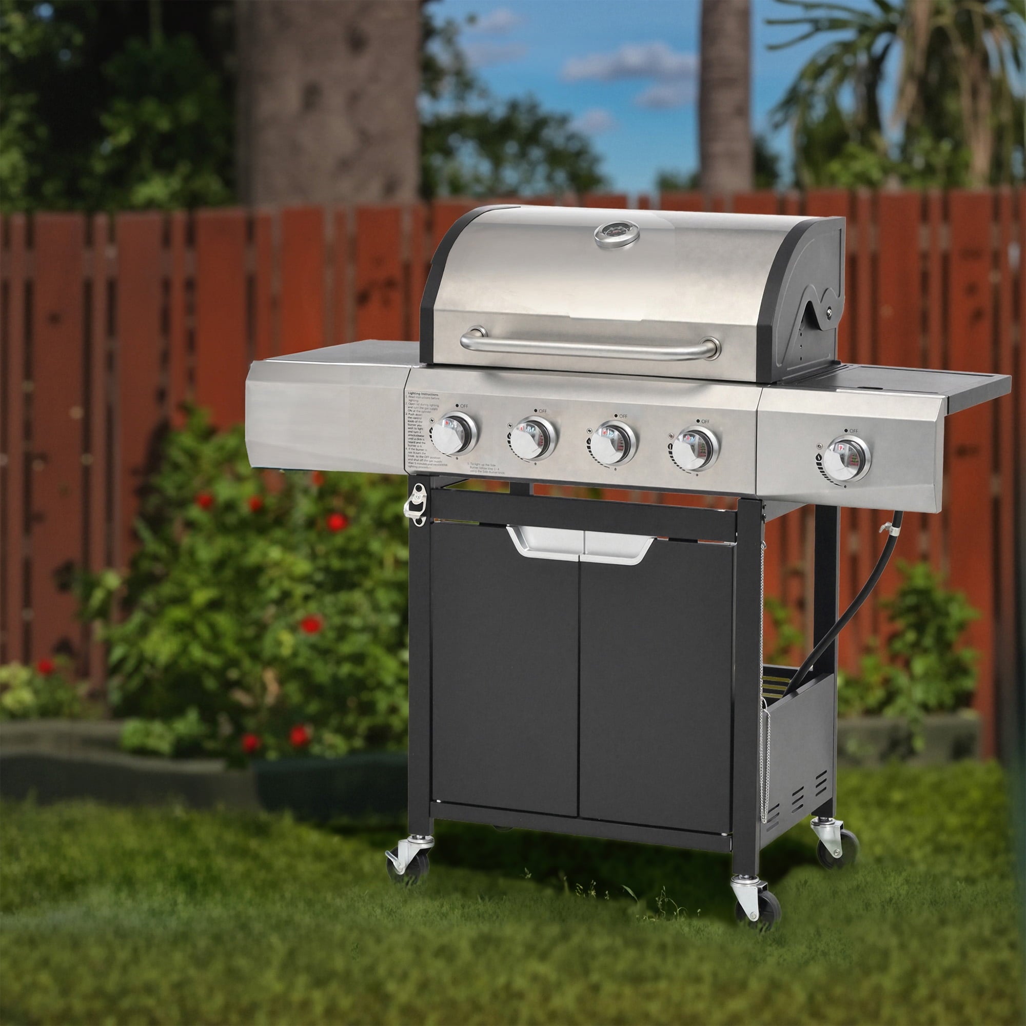 SUGIFT Propane Grill 4 Burner Barbecue Grill Stainless Steel Gas Grill with Side Burner & grill Cover