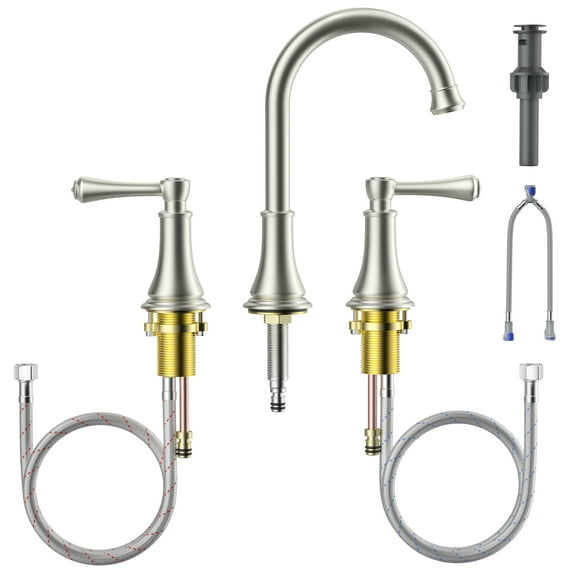 SUGIFT 8in Widespread Bathroom Faucet, Brushed Nickel Bathroom Vanity Sink Faucets with Pop-up Drain and Supply Hoses