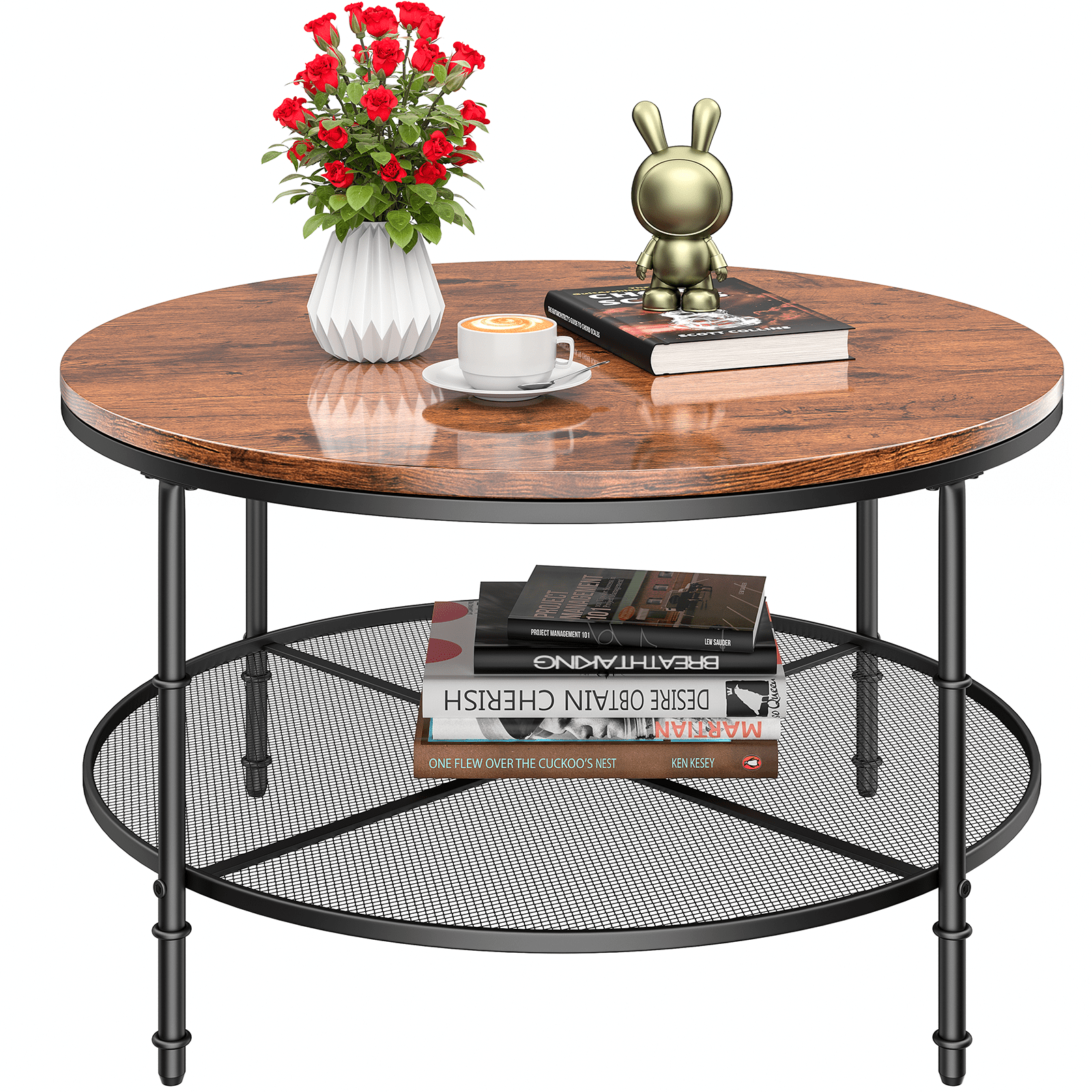 SUGIFT Round Coffee Table with Storage 36 Small Coffee Table 2 Tier Coffee Tables for Living Room Brown