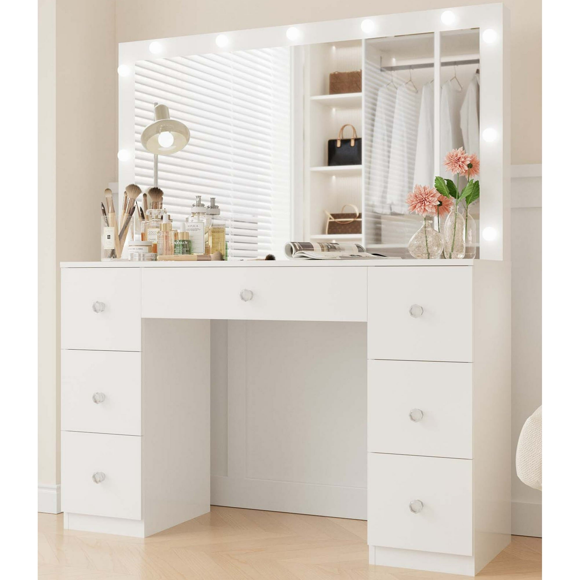 SUGIFT Vanity Desk with Mirror 7 Drawer Makeup Vanity Table with LED L SUGIFT Vanity Desk with Mirror 7 Drawer Makeup Vanity Table with LED L