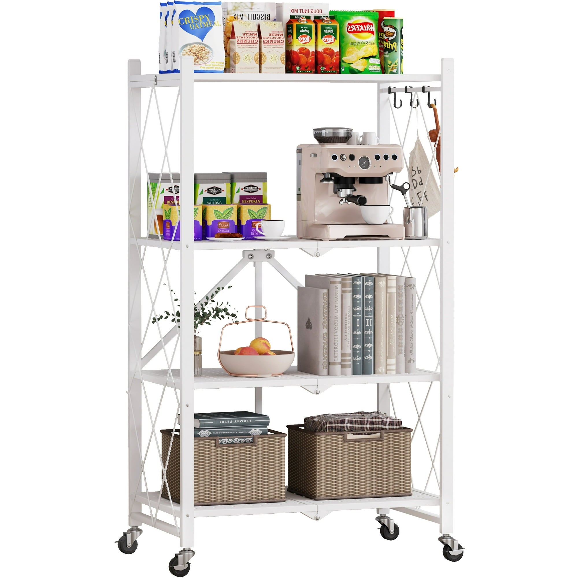Vebreda 4-Tier Folding Storage Shelves Metal Folding Shelves with Wheels, 600Lbs Capacity, White