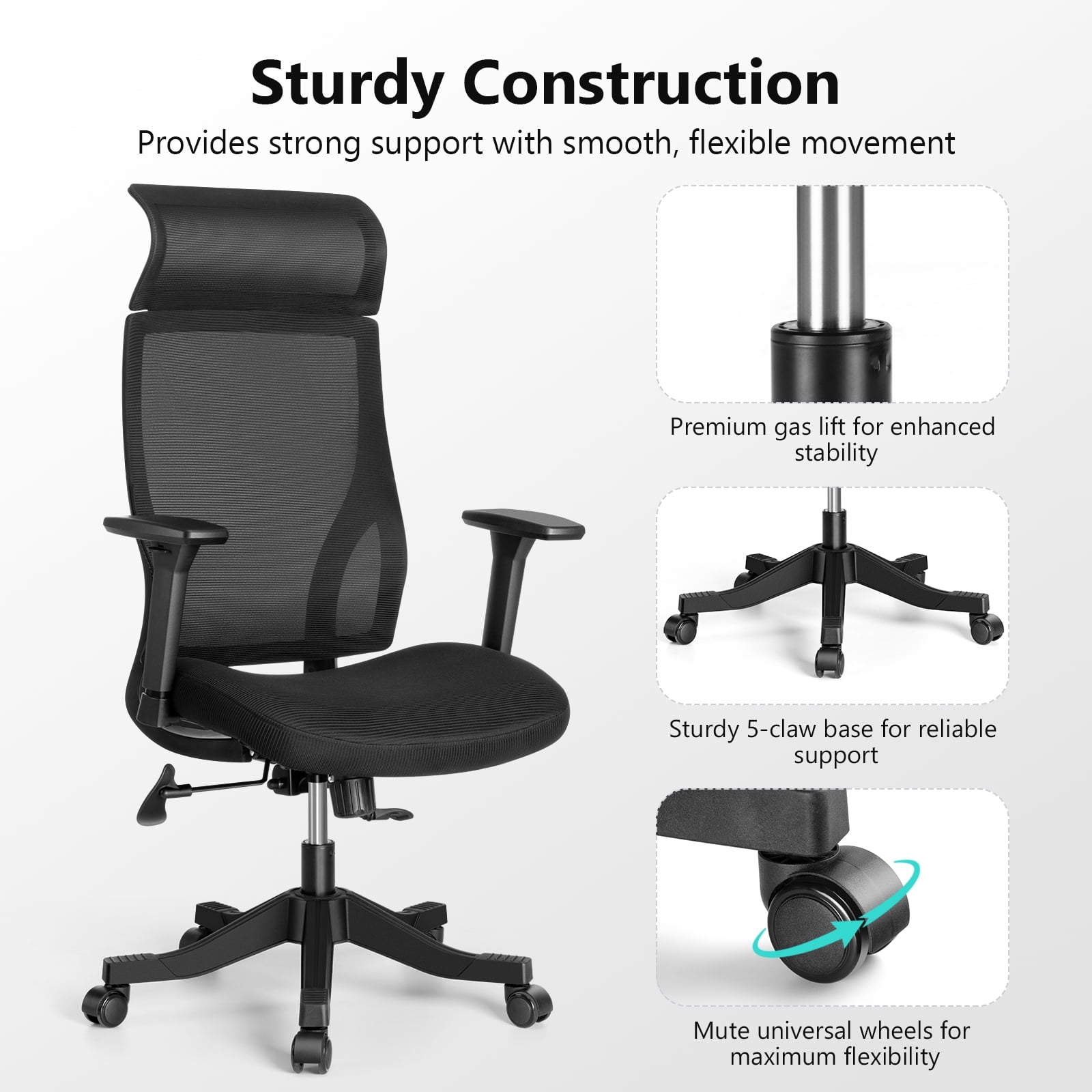 SUGIFT Ergonomic High Back Office Chair with Wheel 3D Armrests and Headrest, Black