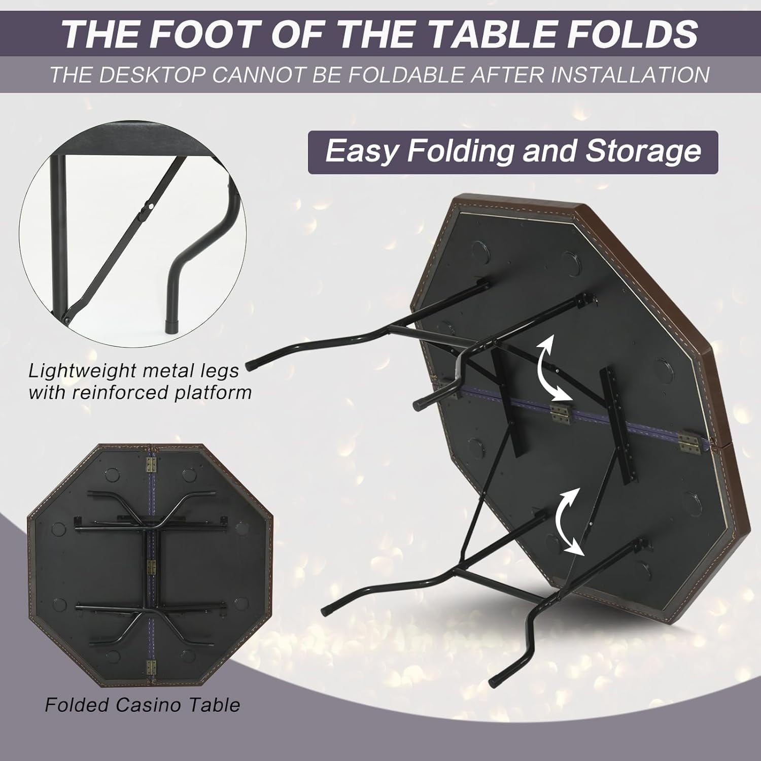 SUGIFT 8 Players Poker Table Foldable 50inch Upgraded Folding Octagon Casion Table Portable Texas Holedem Table w/Stainless Steel Cup Holders Water-Resistant Cushioned Rail 50inch Brown