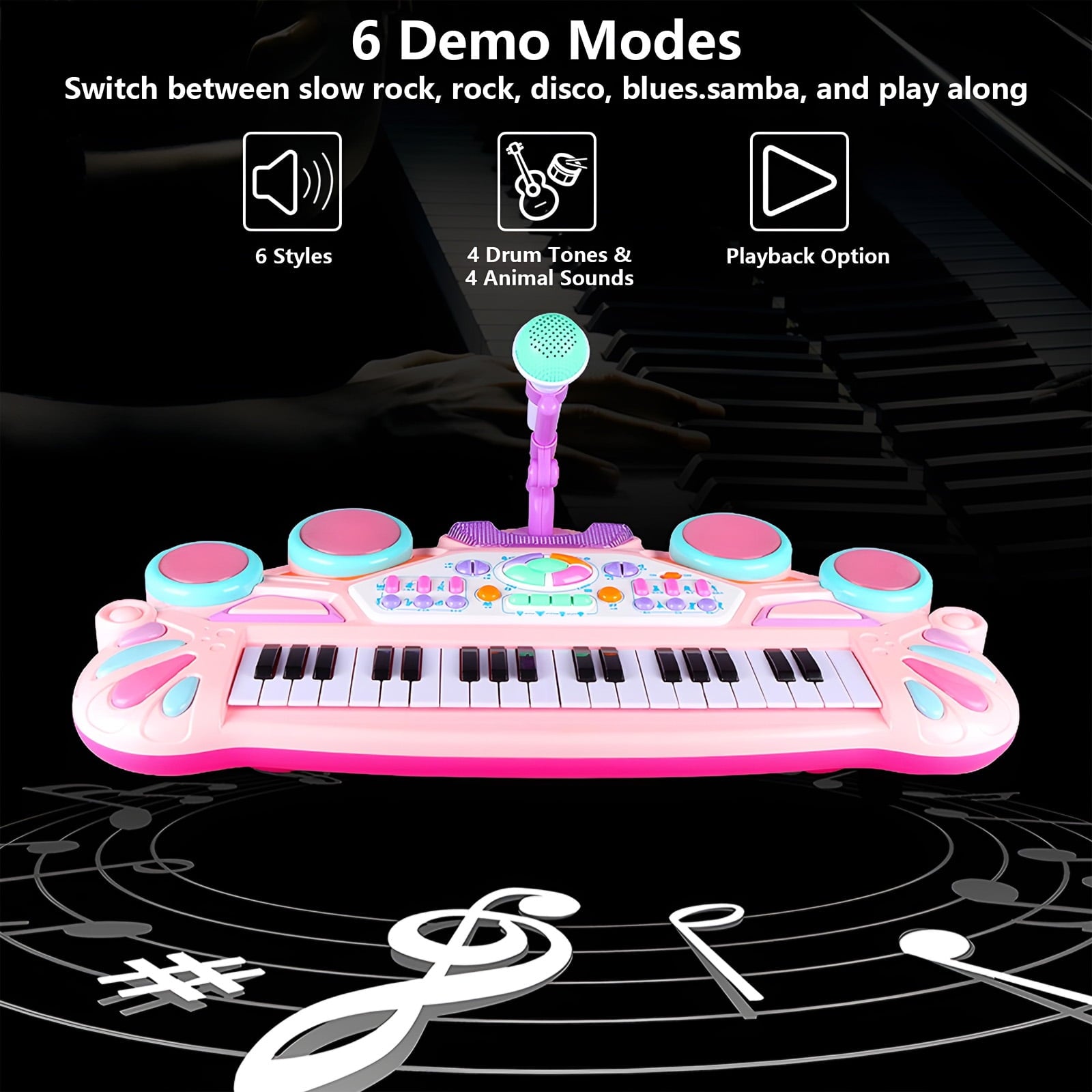 SUGIFT 37-Key Kids Electronic Piano Keyboard w/ Multiple Sounds, Lights Microphone, Stool - Pink