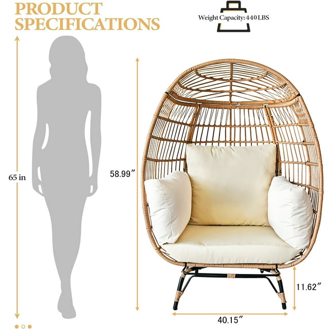 SUGIFT Wicker Egg Chair Oversized Indoor Outdoor Patio Lounger with Steel Frame, 440lb Capacity, Beige