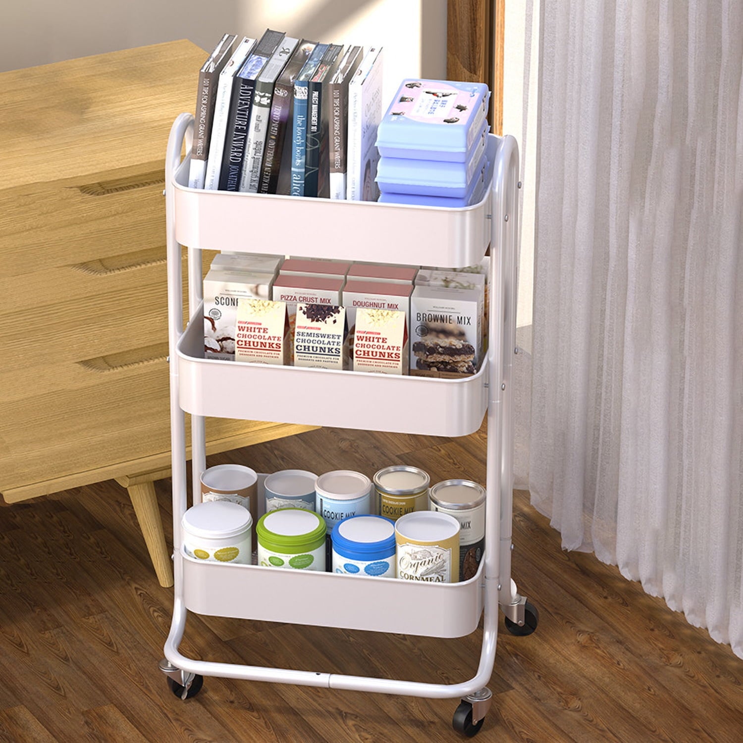 SUGIFT 3 Tier Kitchen Utility Cart with Handle and Lockable Wheels, White