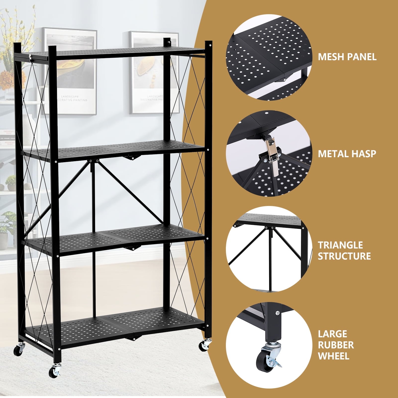 SUGIFT 4-Tier Foldable Metal Storage Shelf with Wheels, No Assembly, H