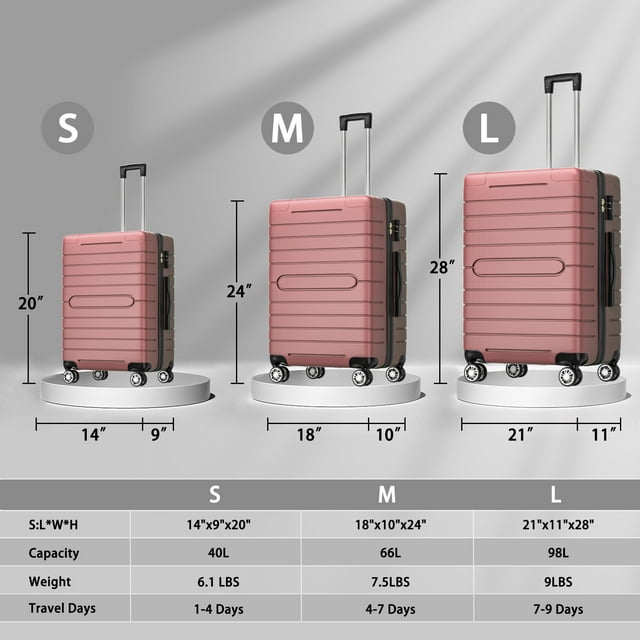 SUGIFT 3 Piece Luggage Set, Hardside Luggage Spinner Wheels Suitcase Carry on Luggage, TSA Lock, 20in24in28in, Rose Gold