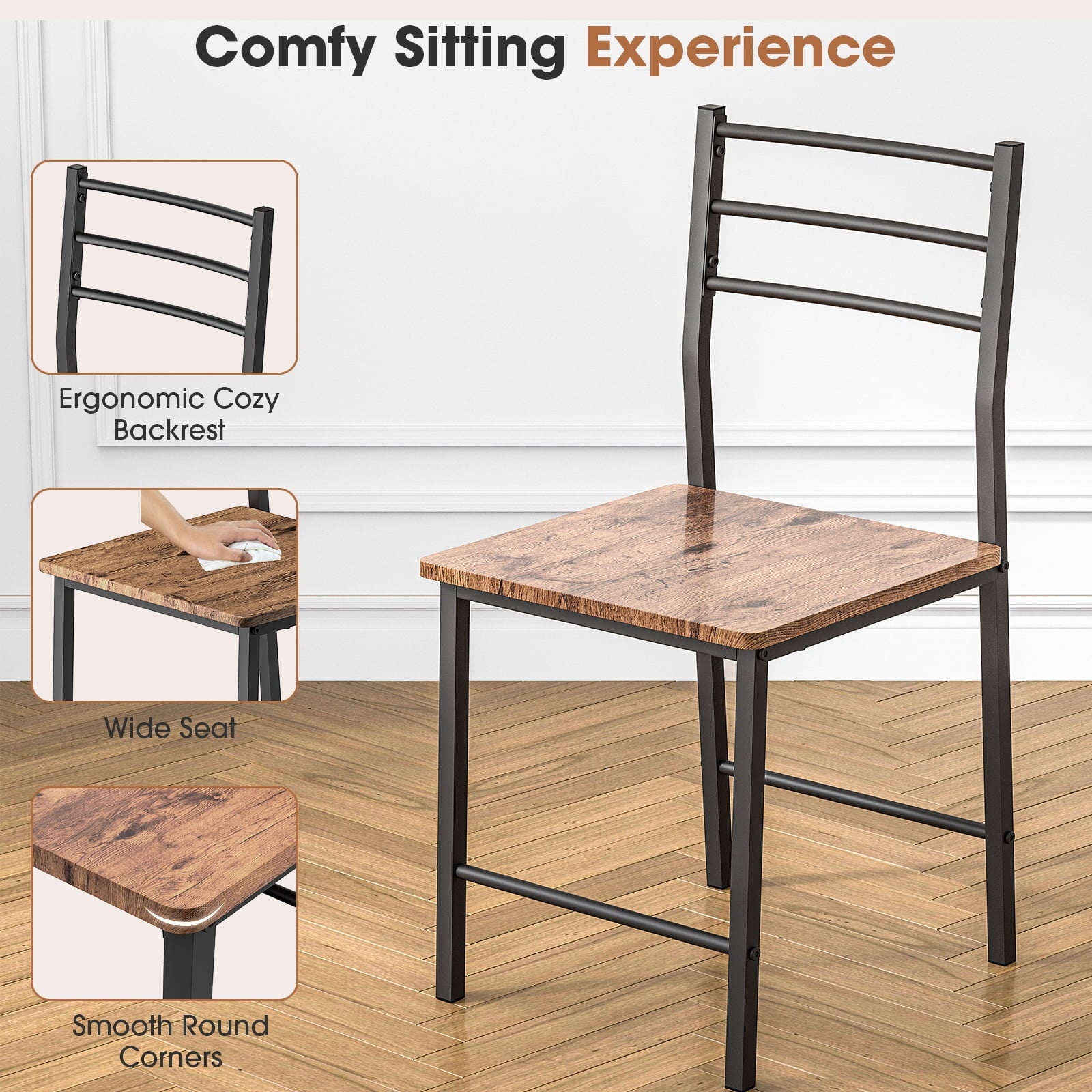 SUGIFT 3-Piece Modern Dining Table Set for 2, Square Table & Chairs Set w/ Steel Frame, Storage Rack, Brown