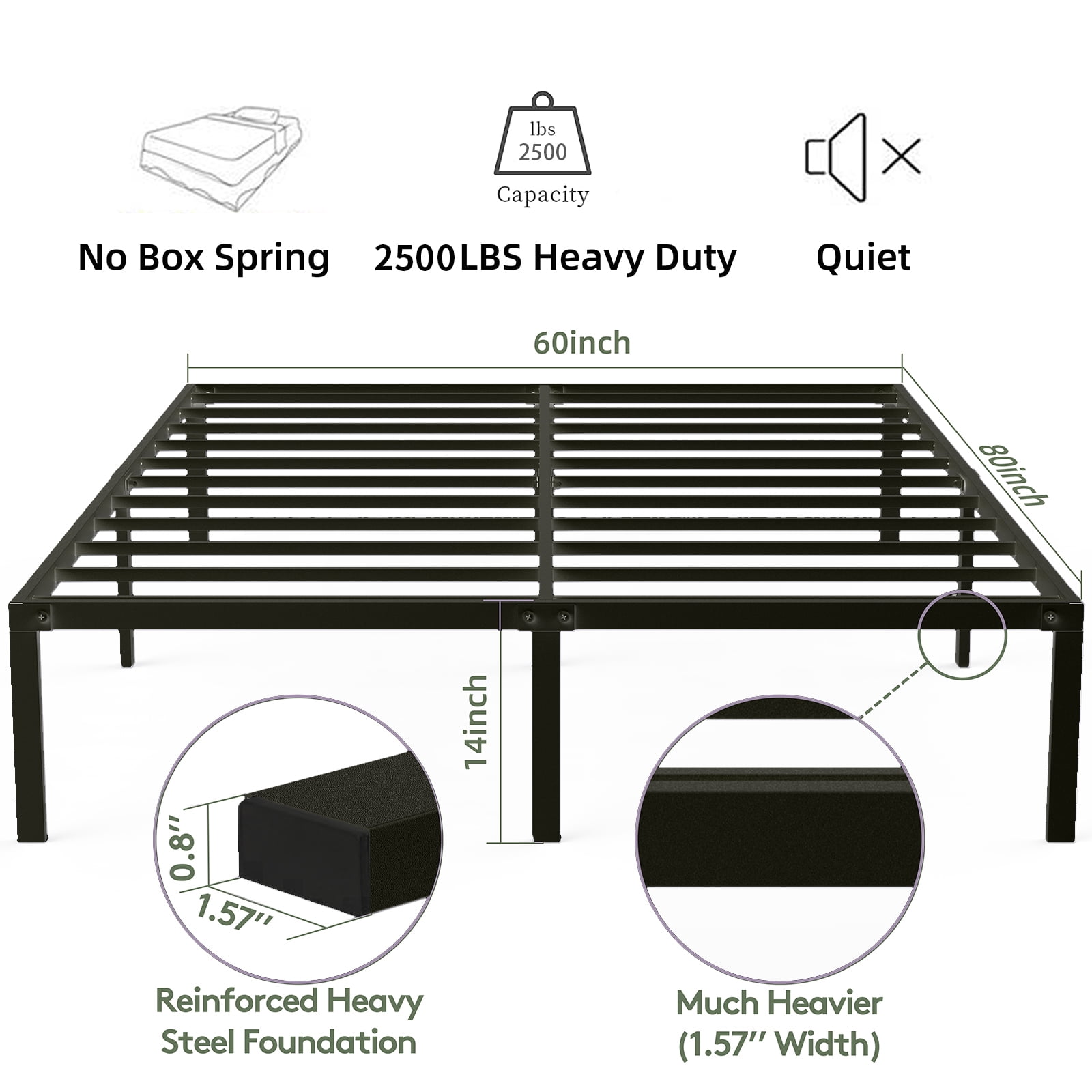 Vebreda Queen Bed Frame 14 inch Platform Bed with Heavy Duty Steel Slat Support for Adult, Black