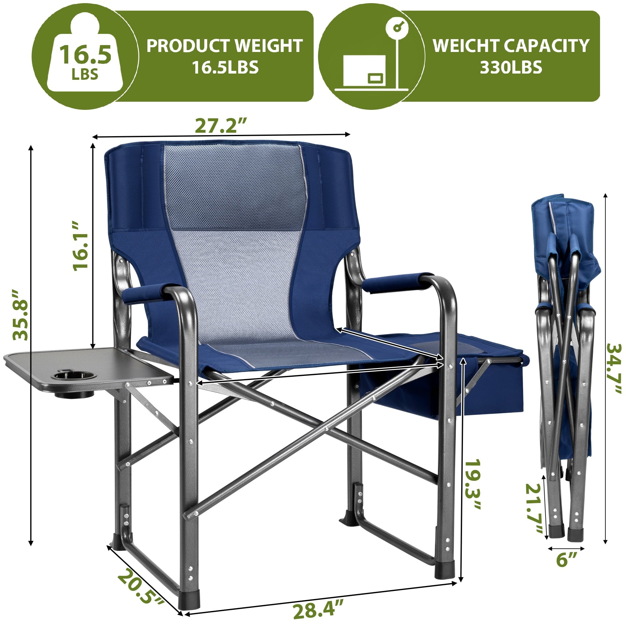 SUGIFT 300lbs Folding Camping Chairs with Cooler Bag Lawn Chairs with Side Table for Outdoor Lawn Sports Fishing Blue