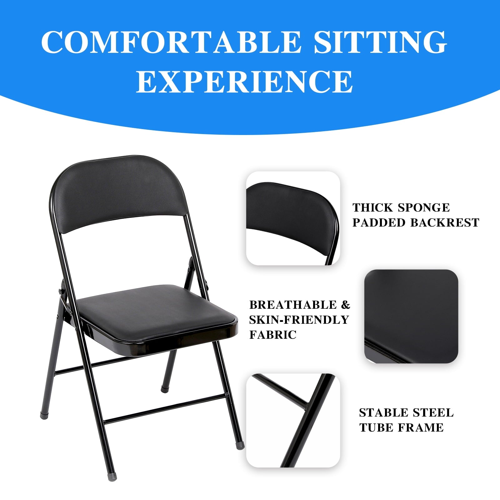 SUGIFT 4 Pack Folding Chairs Metal Frame Home Office Chairs, Black