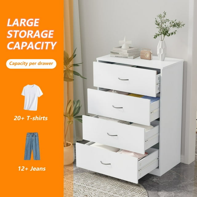SUGIFT 4 Drawer Dresser, Modern Storage Cabinet for Bedroom, White Chest of Drawers Wood Organizer for Living Room, White