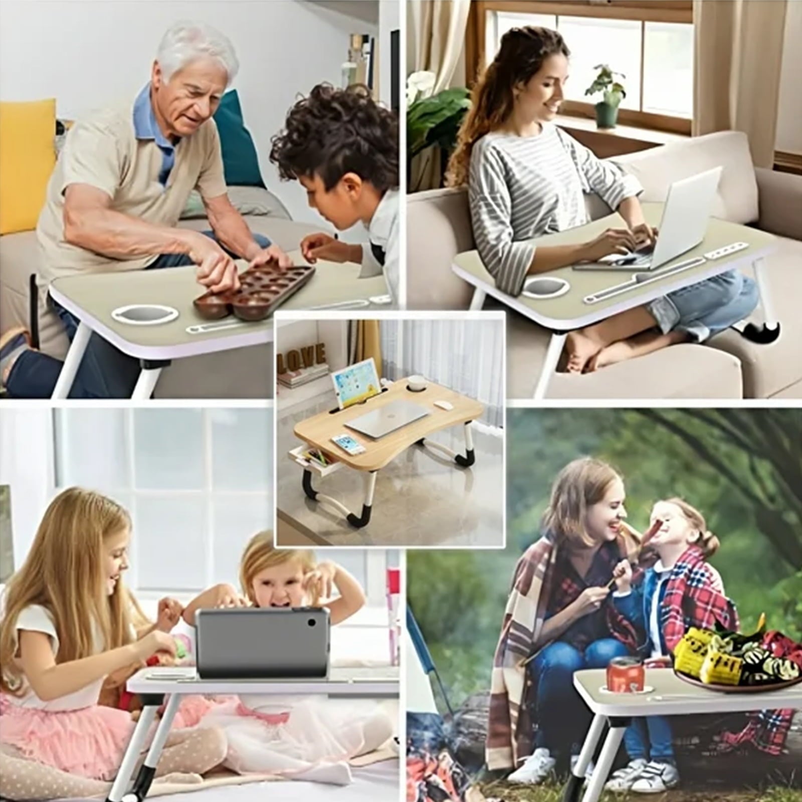 SUGIFT 23.6 Inch Foldable Lap Desk with Slots/Cup Holder/Drawer for Reading Writing Eating Watching, Walnut