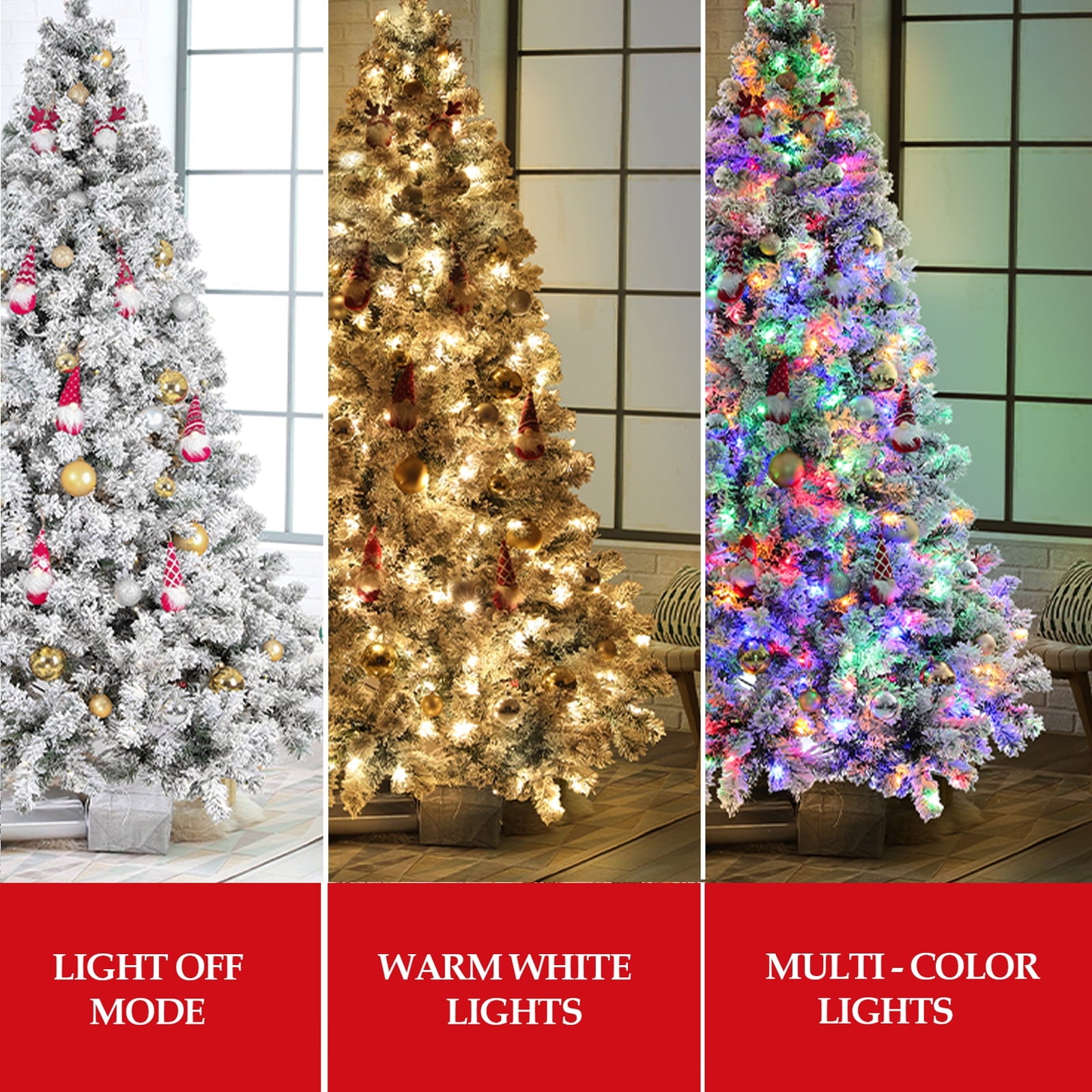 SUGIFT 7.5ft Pre-Lit Christmas Tree Artificial Snow Flocked Pine Tree for Home, Office, Party Decoration w/ 550 Warm-White and Multicolored Lights, 9 Light Sequences, Metal Base and Hinges