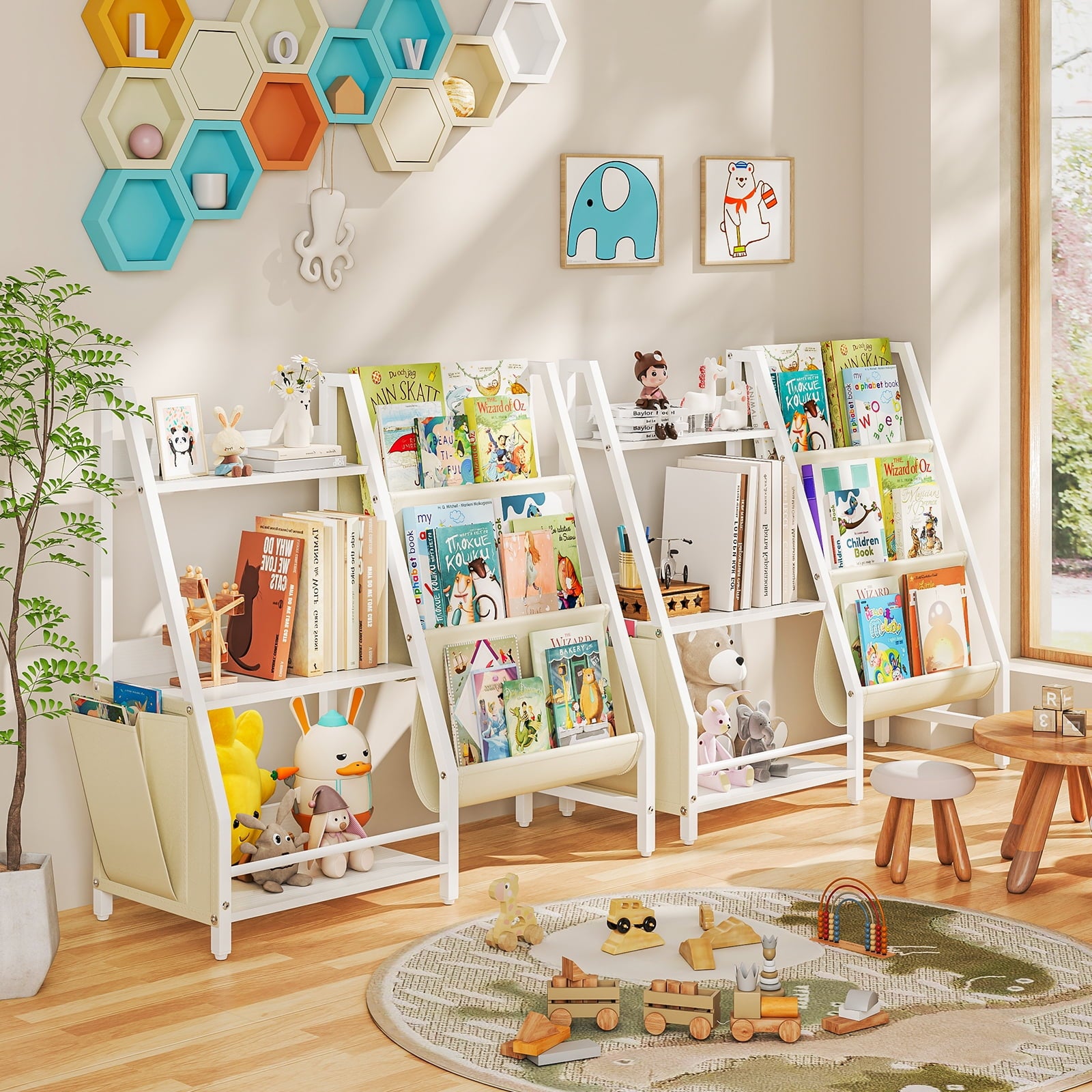 SUGIFT Kids Bookshelf Toy Storage Organizer with Side Pockets 3 Layer Sling Bookcase for Playroom Kids Bedroom Nursery White