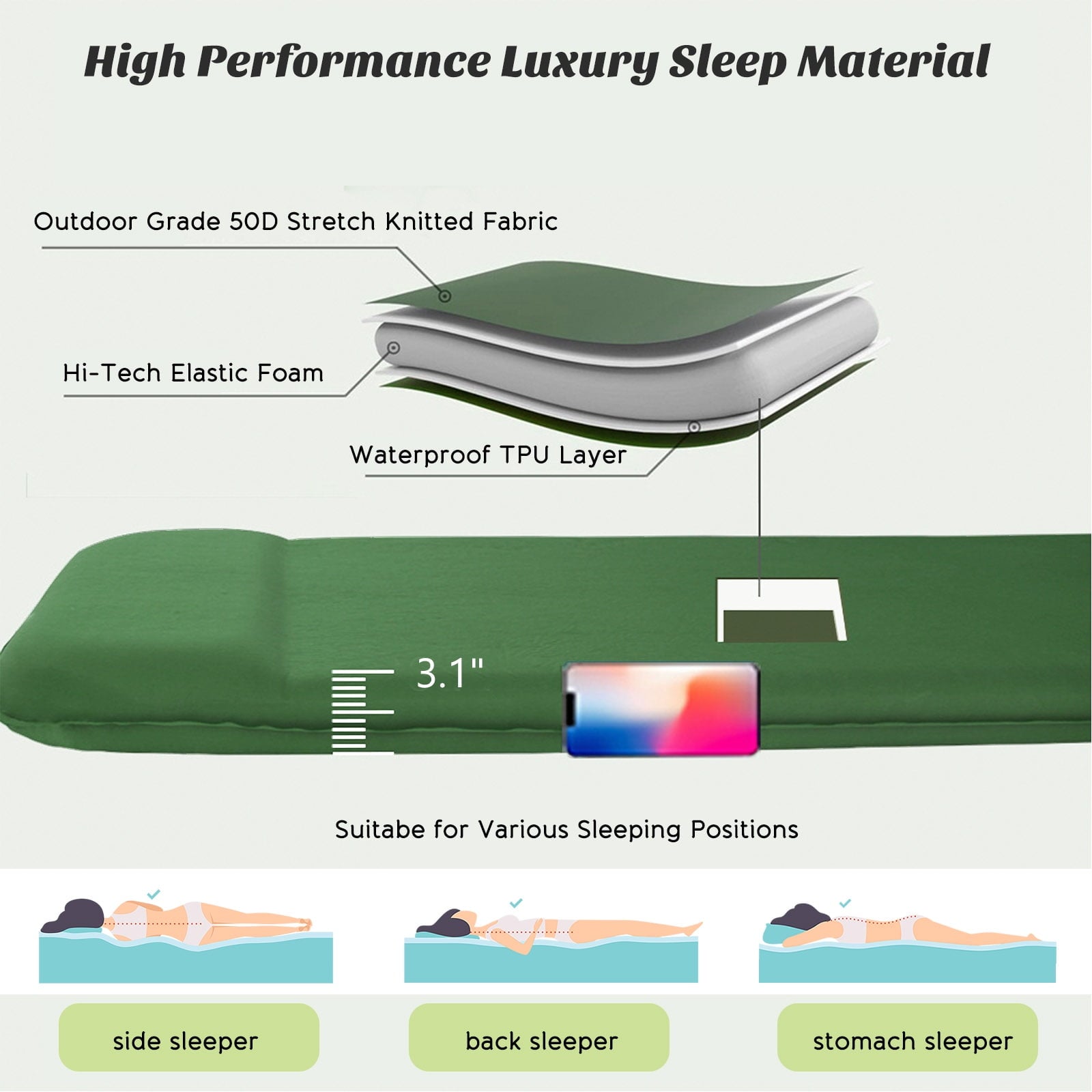 SUGIFT Self Inflating Sleeping Pad 3.2 Thick Memory Foam Camping Pad with Pillow 4-Season Camp Sleeping Mat for Tent Green