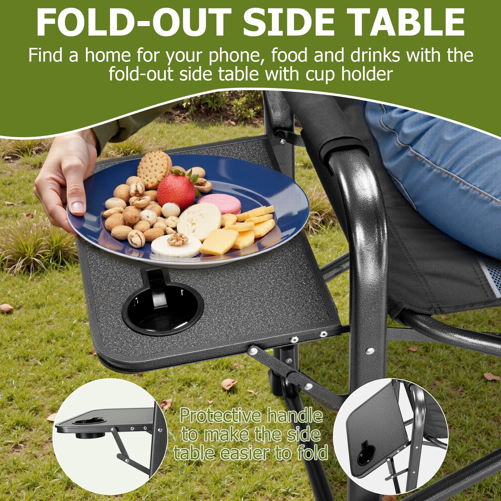 SUGIFT 300lbs Folding Camping Chairs with Cooler Bag Lawn Chairs with Side Table for Outdoor Lawn Sports Fishing Black