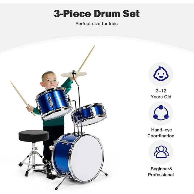 SUGIFT 3-Piece Junior Drum Set with Throne, Pedal, Drumsticks, Blue