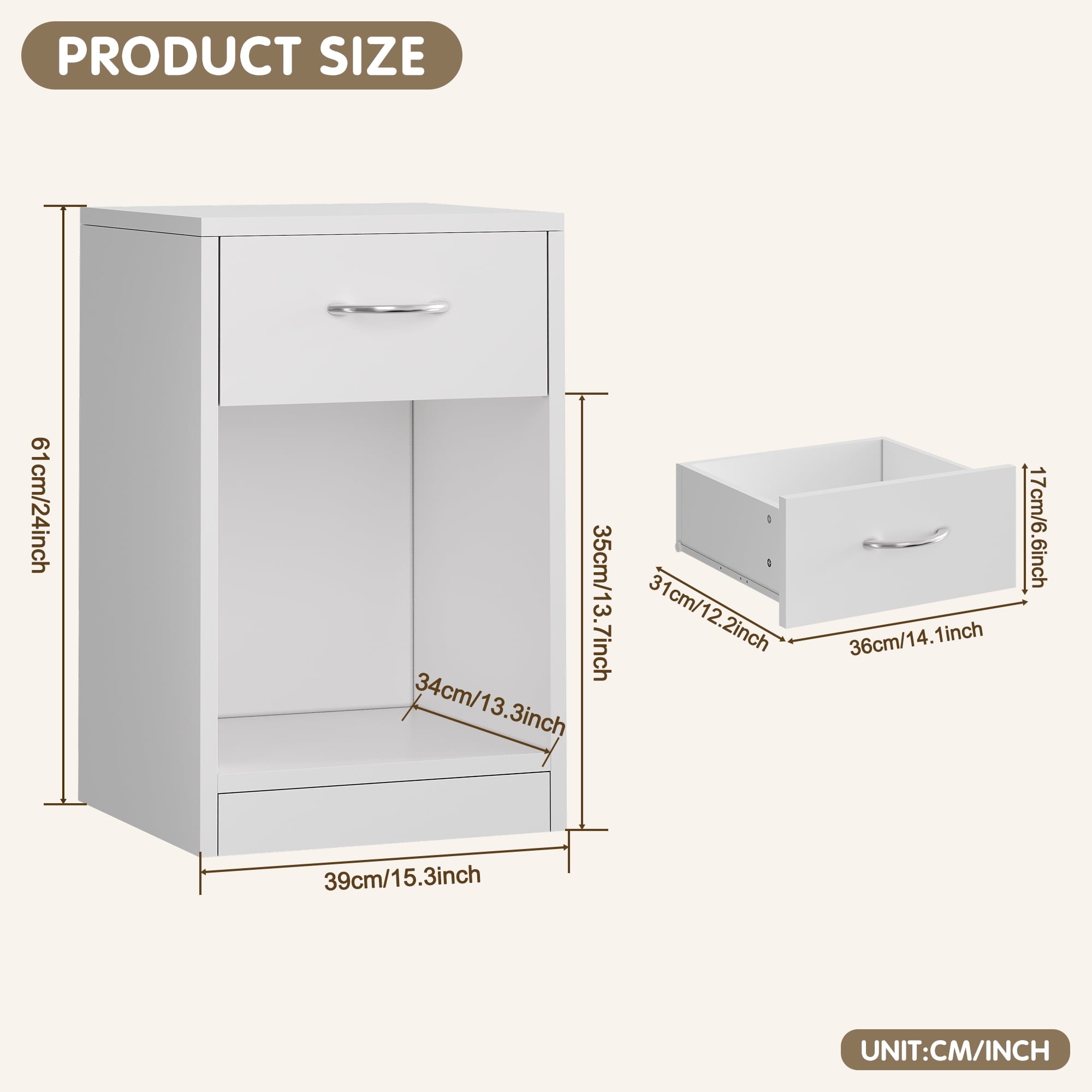SUGIFT Nightstand with 1 Drawer, Compact Bedside Table for Bedroom, Sturdy White Finish