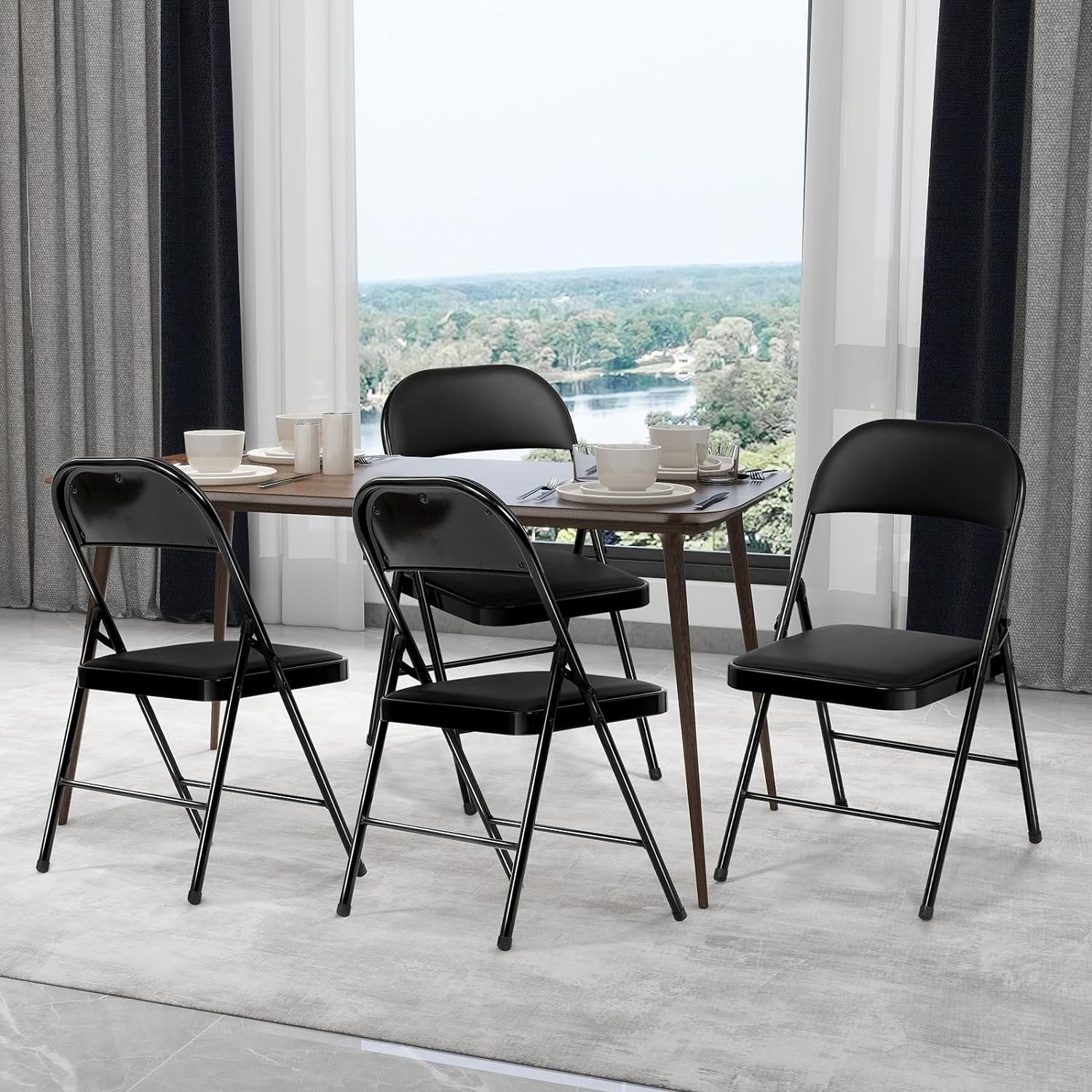 SUGIFT 4 Pack Folding Chairs with Padded Cushion and Back, Padded Folding Chairs for Home and Office, Indoor and Outdoor Events (Black, 4 Pack)