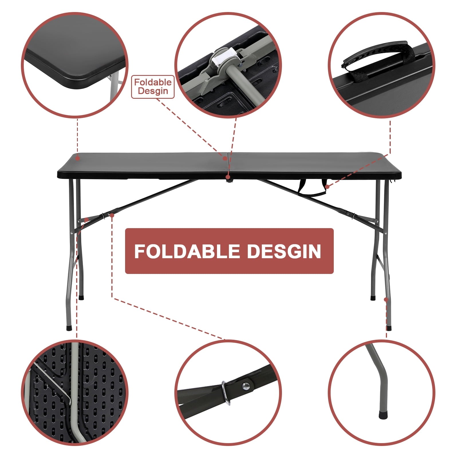 SUGIFT 5 ft Folding Table Portable HDPE Rectangular Table with Carry Handle, 10pack, Black