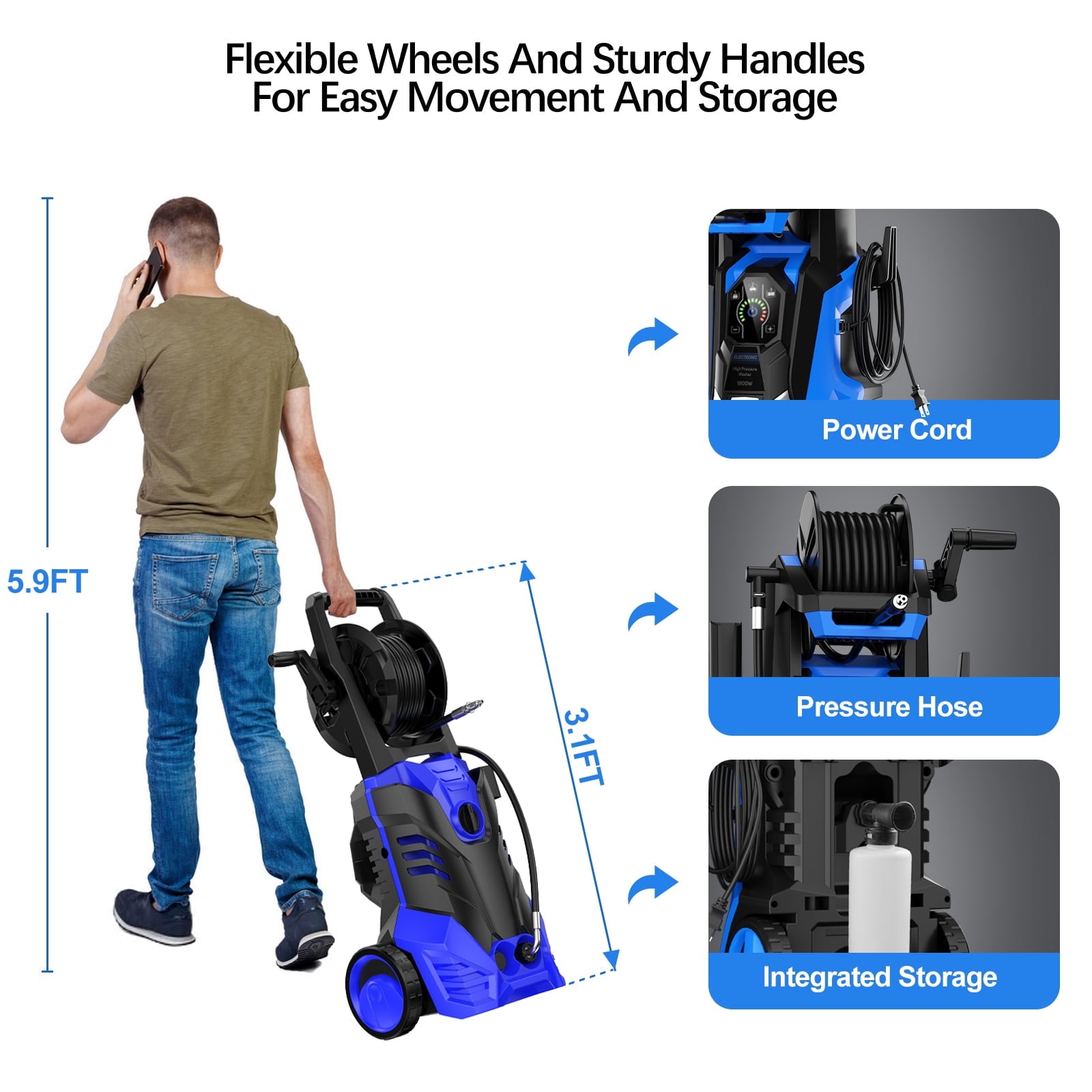 3000PSI Electric High Pressure Washer Machine 2 GPM 2200W w/ Deck Patio Cleaner