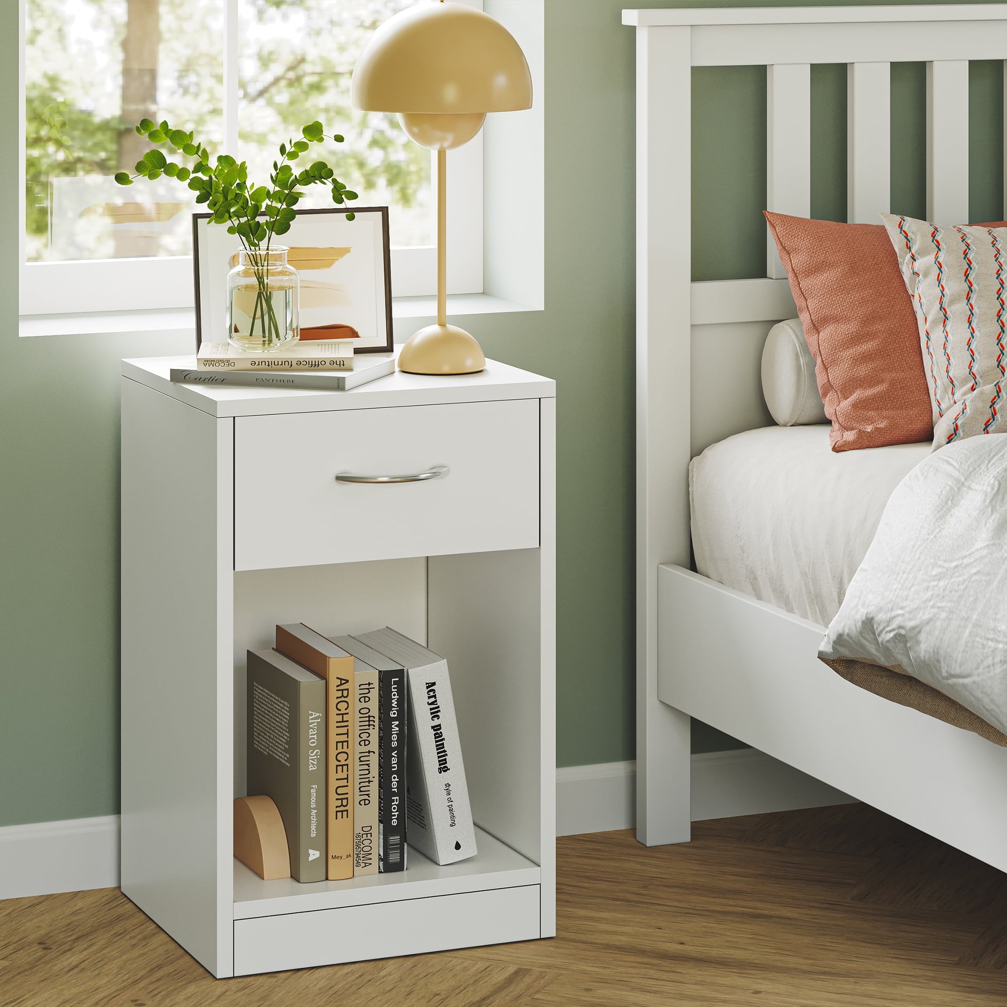 SUGIFT Nightstand with 1 Drawer, Compact Bedside Table for Bedroom, Sturdy White Finish