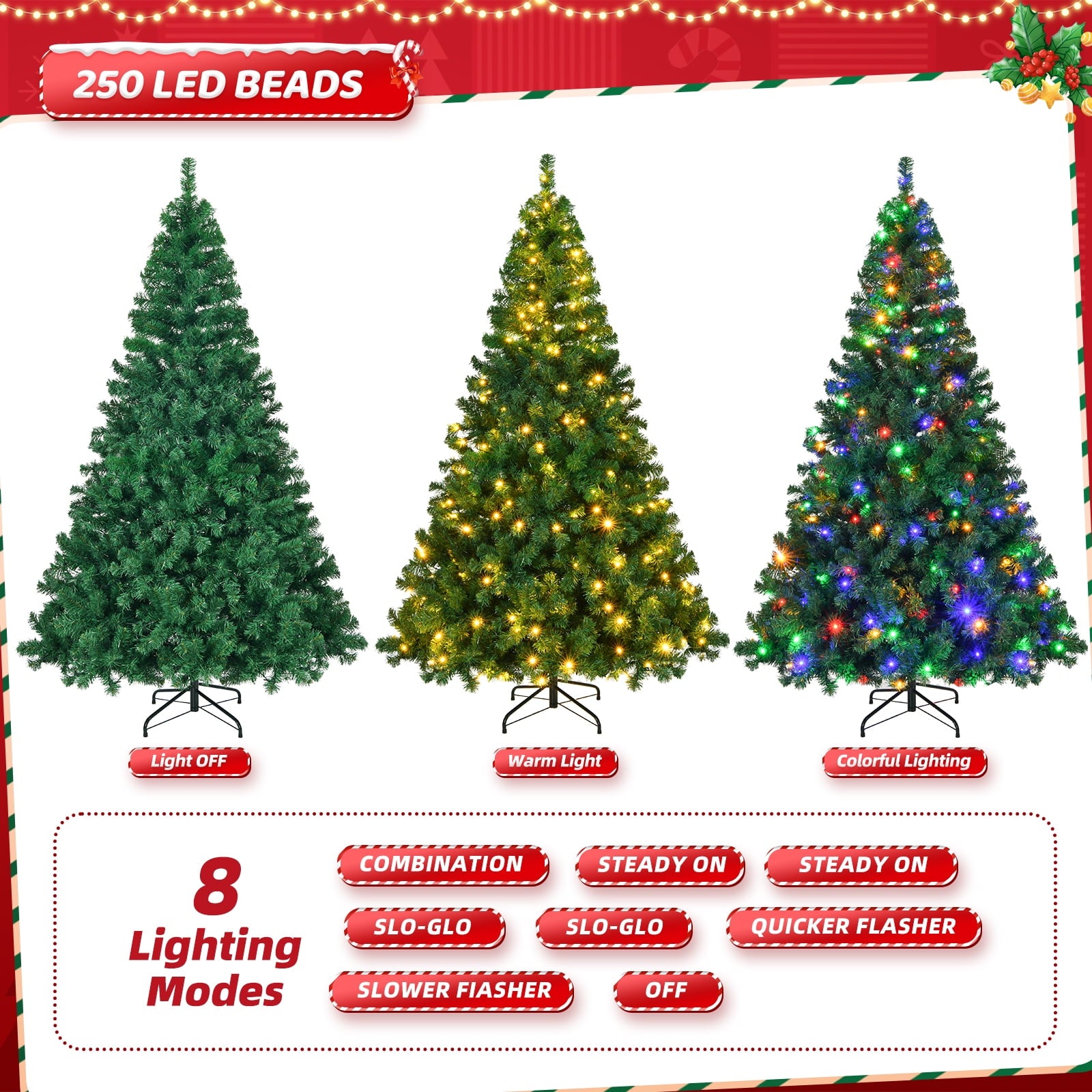 SUGIFT 6ft Pre-Lit Artificial Christmas Tree Hinged w/250 Multi-Color LED Lights