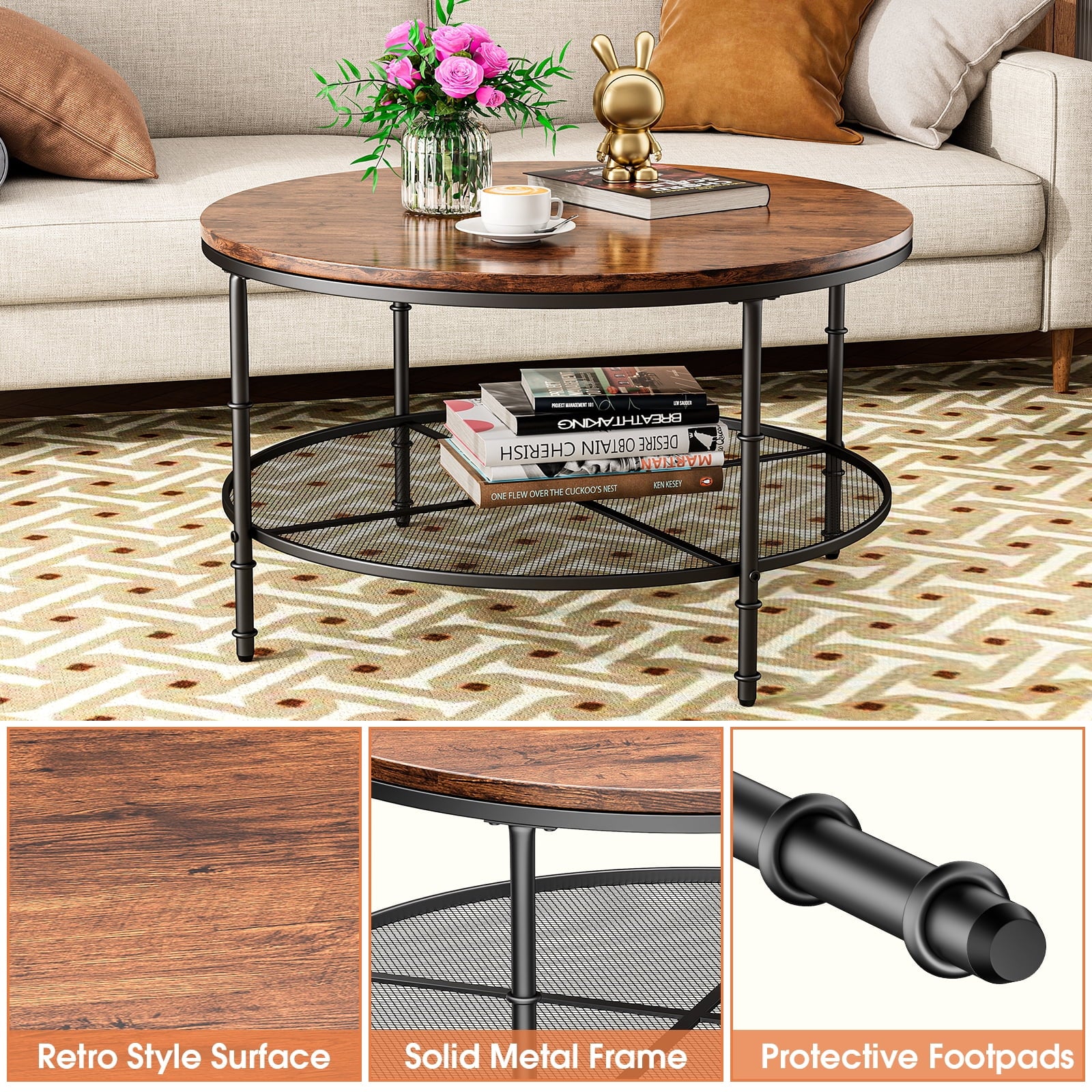 SUGIFT Round Coffee Table with Storage 36 Small Coffee Table 2 Tier Coffee Tables for Living Room Brown