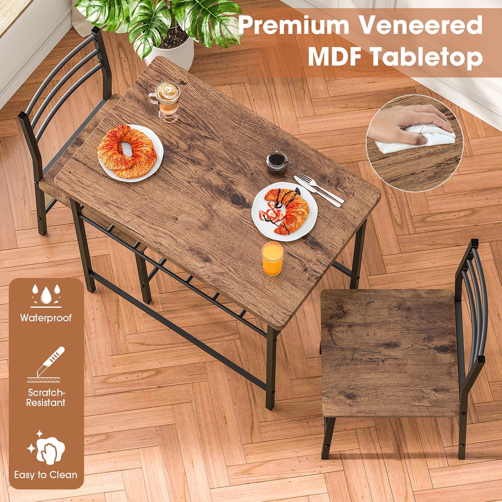 SUGIFT 3-Piece Modern Dining Table Set for 2, Square Table & Chairs Set w/ Steel Frame, Storage Rack, Brown
