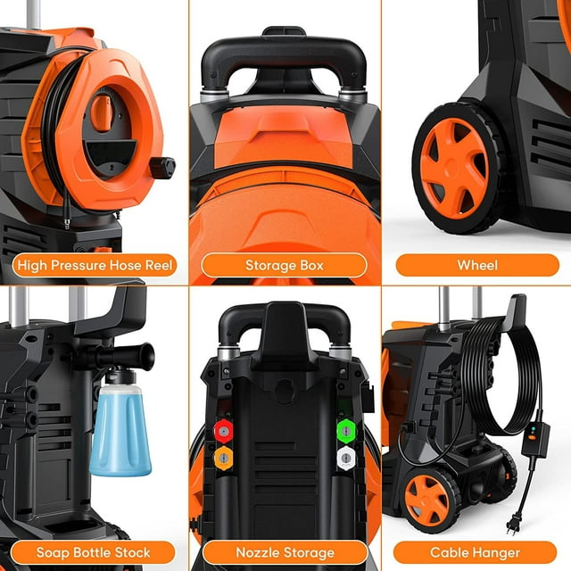 SUGIFT 3300PSI Electric Pressure Washer with 4 Nozzles Foam Cannon and Hose Reel Orange