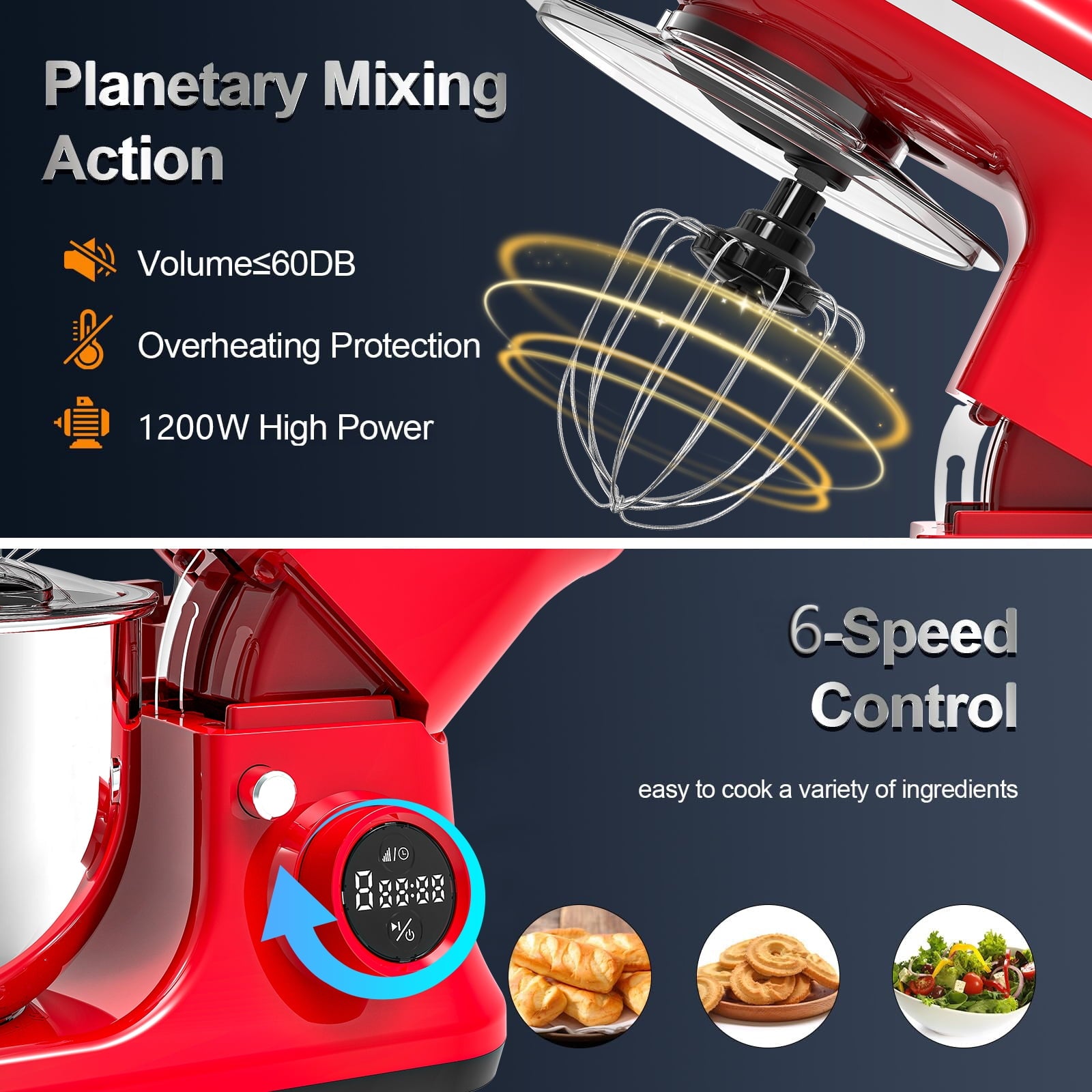 SUGIFT Stand Mixer, 5.3Qt Electric Food Mixer, 6 Speeds Portable Lightweight Kitchen Mixer for Daily Use with Egg Whisk, Dough Hook, Flat Beater (Red)