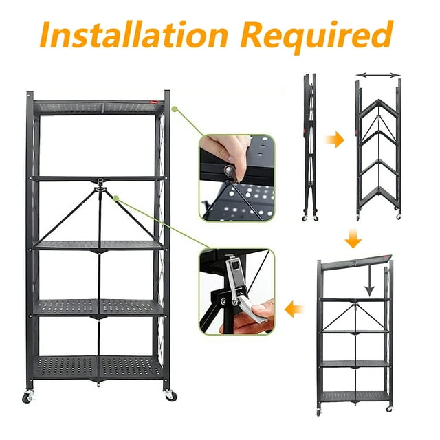 SUGIFT 5 Tier Foldable Storage Shelves for Storage, Metal Shelving Units, Storage Rack for Garage, Kitchen, Basement, Pantry, Black