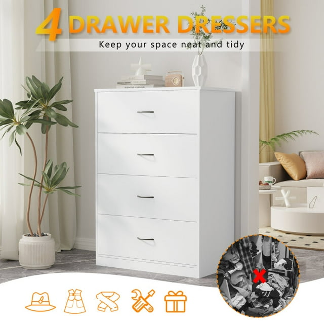SUGIFT 4 Drawer Dresser, Modern Storage Cabinet for Bedroom, White Chest of Drawers Wood Organizer for Living Room, White